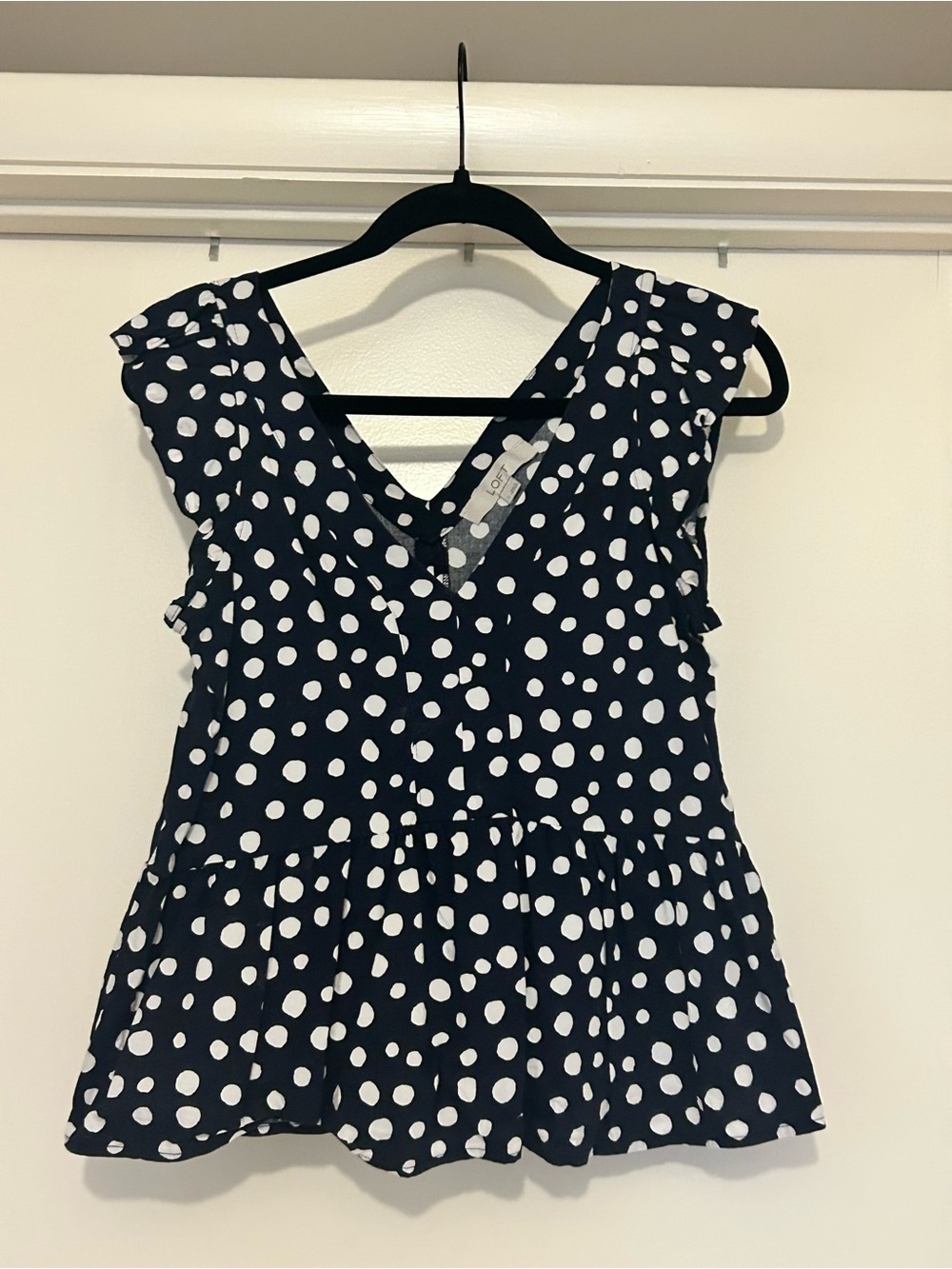 LOFT Navy and White Polka Dot Ruffle Sleeve Blouse